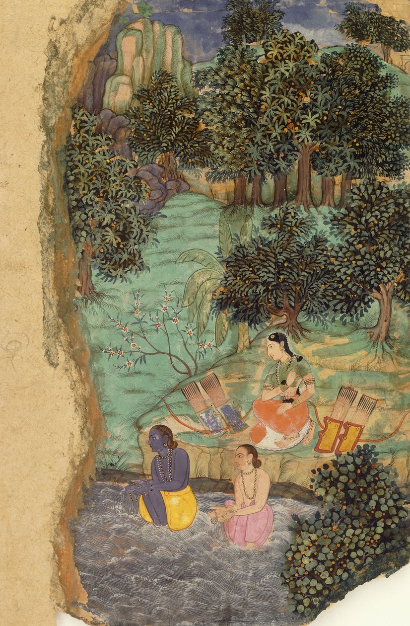 راما ولاكشمانا يقدمان الماء لأبيهما الميتين على ضفاف نهر مانداكيني ، حوالي 1595 بواسطة مدرسة موغال