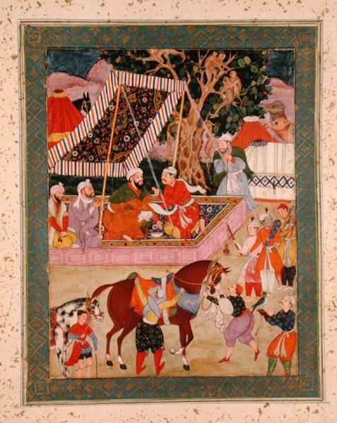 مشهد أثناء رحلة هوكينج الاستكشافية ، من ألبوم كلايف الكبير ، حوالي 1570 بواسطة مدرسة موغال