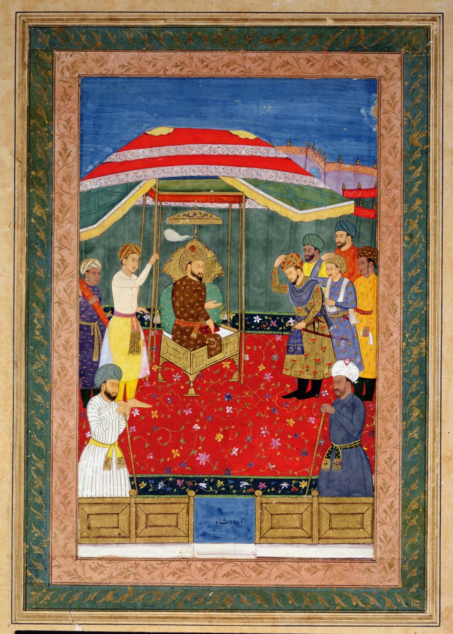 الإمبراطور المغولي بابور (1526-1530) جالسًا على العرش يستقبل أميرًا ، ألبوم جونسون الأول ، رقم 3 رقم 65 بواسطة مدرسة موغال