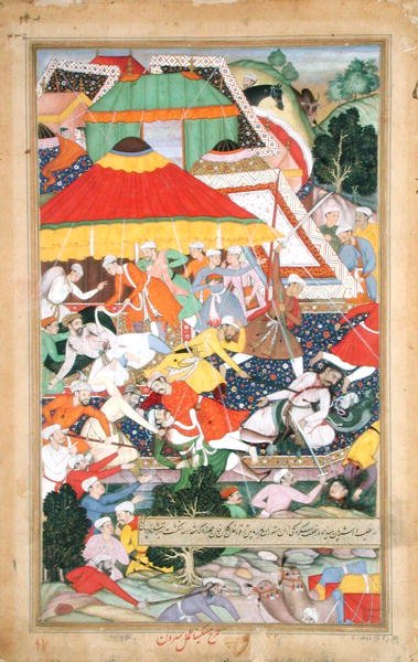 جرح كيلان خان من قبل راجبوت خلال مسيرته إلى غوجارات في 1573 ، من "أكبرناما" التي صنعها أبو الفازي بواسطة مدرسة موغال