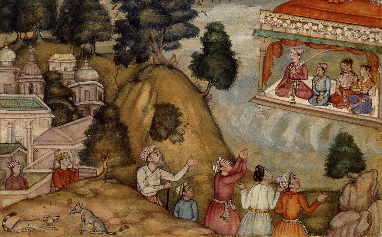 القرويون يكرمون رجلاً وعائلته جالسين على شرفة أرضية ، c.1585 بواسطة مدرسة موغال