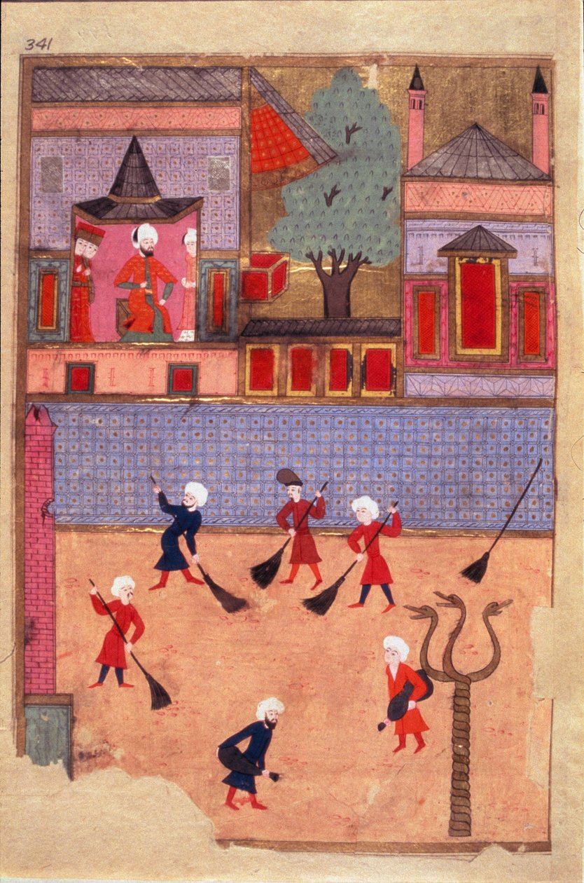 صفحة كناس الشوارع مأخوذة من الاسم المستعار-i همايون (اللقب الأول همايون) أو "كتاب الاحتفالات" (ms. Hazine 1344 ، صفحة 341 أ) موضحة بواسطة عثمان. حوالي 1582 (اسطنبول) اسطنبول ، توبكابي سراي بواسطة مدرسة موغال عثمان