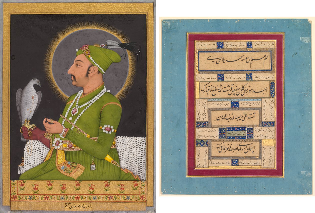 صورة بعد وفاته للإمبراطور المغولي محمد شاه (حكم من 1719 إلى 1748) وهو يحمل صقرًا (ظهر) ؛ الخط (ظهر) بواسطة محمد رضوي هندي