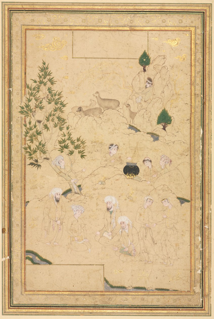 نزهة في الجبال ، رسم توضيحي من صفحة واحدة ، ج. 1550-1600. بواسطة محمدي