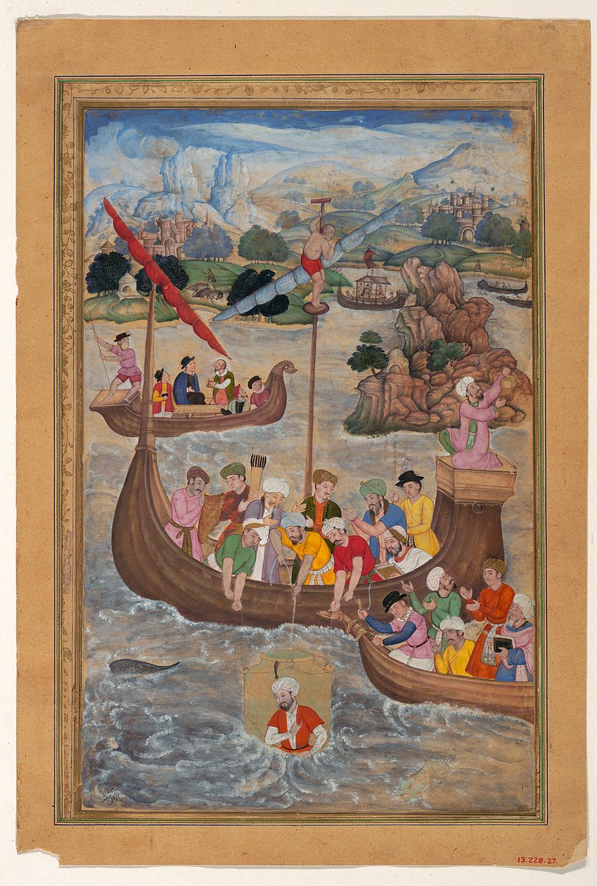 انخفض الإسكندر إلى البحر في جرس غوص ، 1597-8 (حبر ، ألوان مائية وذهب على ورق) بواسطة Mukunda attr. إلى Mukunda attr. ل