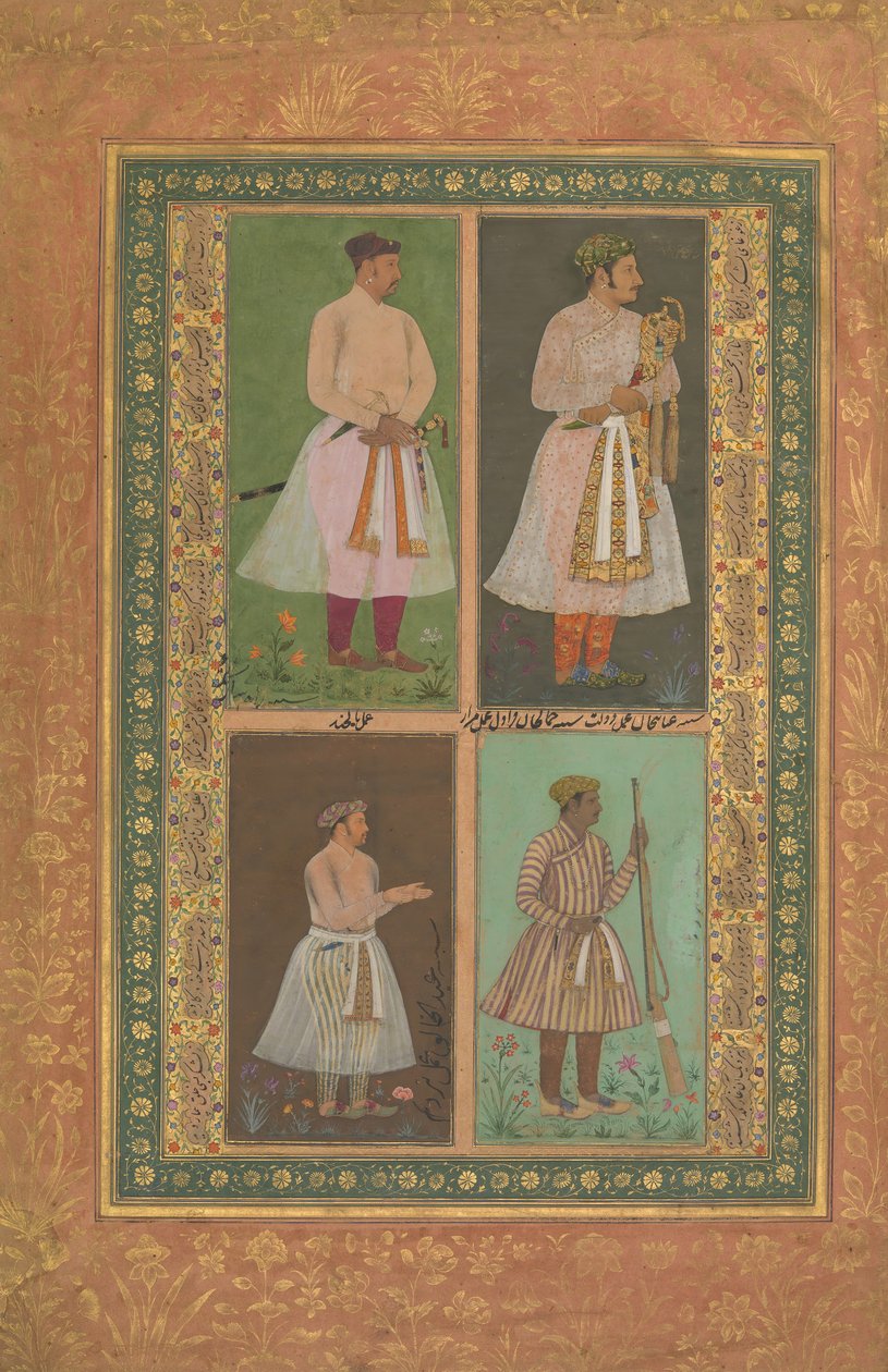 أربع صور: أعلى اليسار A Raja ربما Raja Sarang Rao ، بواسطة Balchand ... ، ca. 1610-15 بواسطة مراد