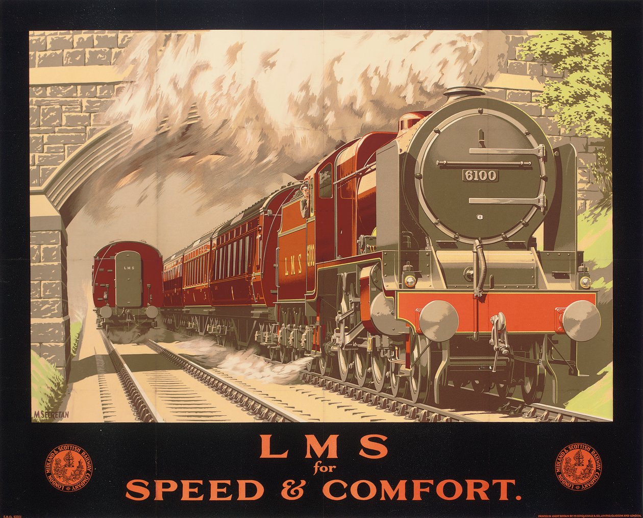 LMS for Speed and Comfort ، ملصق يعلن عن سكة حديد لندن وميدلاند واسكتلندا (لون ليثو) بواسطة موراي سيكريتان