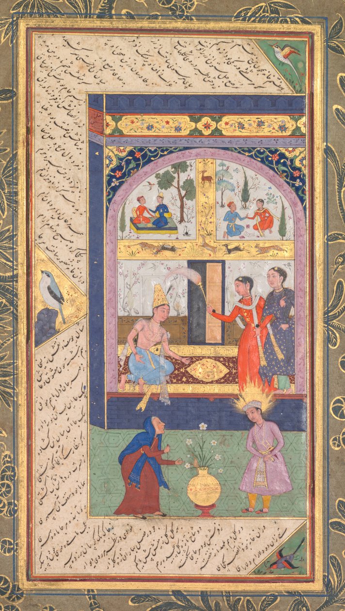 زليخة في قصرها وكإمرأة عجوز مع يوسف ، من كنوز بانج جانج الخمسة ... ، 1603-1 بواسطة مشفيق