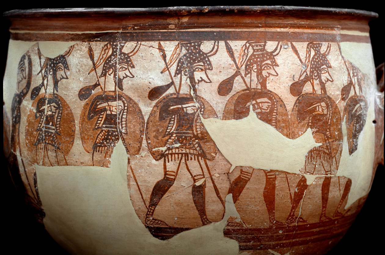 Mycenian civilization: crater called the Warriors. From the circle of tombs A to Mycenes. 12th century BC. Athenes, National Archeological Museum - Art of Mycenaean civilization: crater called Warriors crater. From the grave circle A at Mycenae. 12th centu بواسطة الميسينية الميسينية