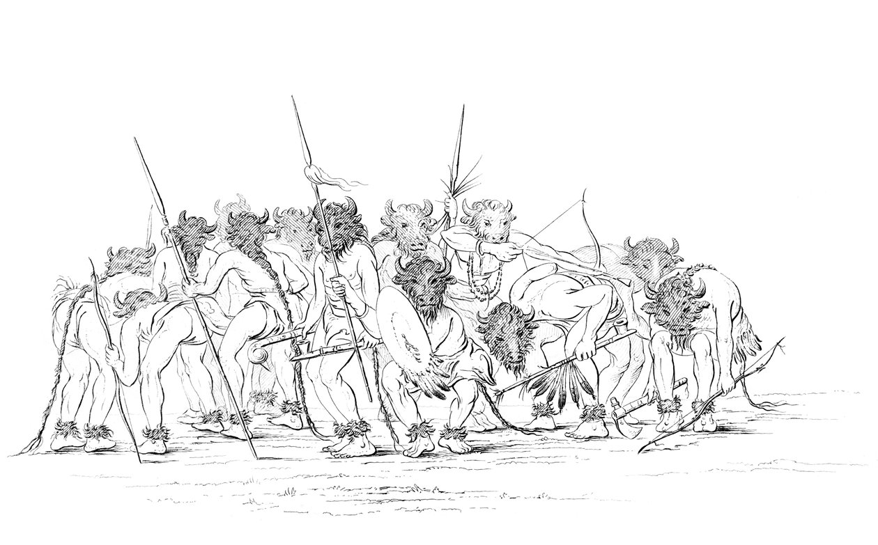 الصيادون الأمريكيون الأصليون يرقصون يرتدون أقنعة الجاموس ، 1841. بواسطة مايرز وشركاه