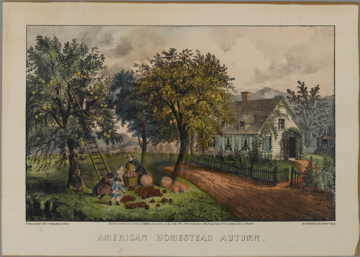 American Homestead Autumn ، 1868-69 (ليثو ملون يدويًا) بواسطة N. and Ives، JM Currier