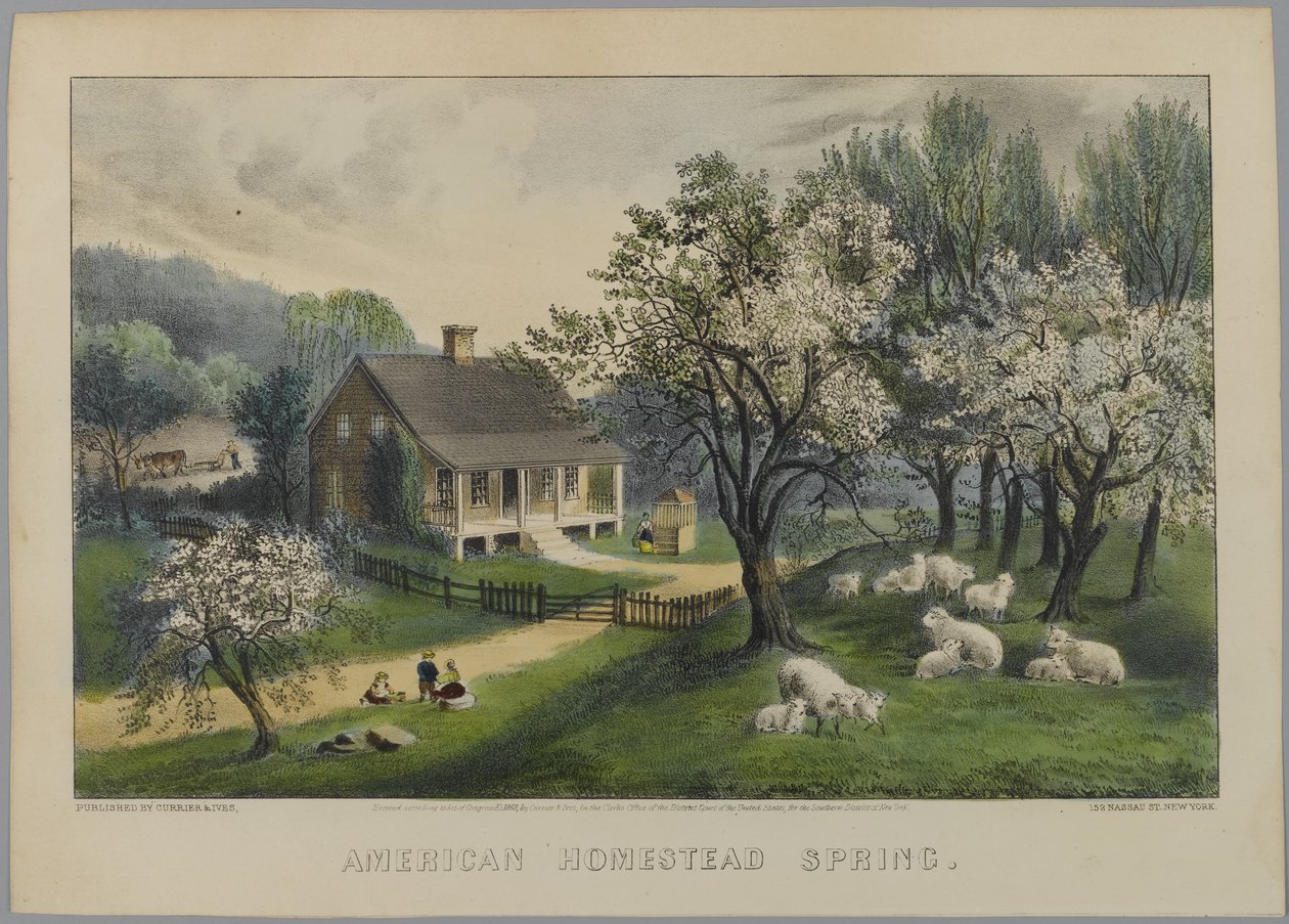 American Homestead Spring ، 1868-69 (ليثو ملون يدويًا) بواسطة N. and Ives، JM Currier