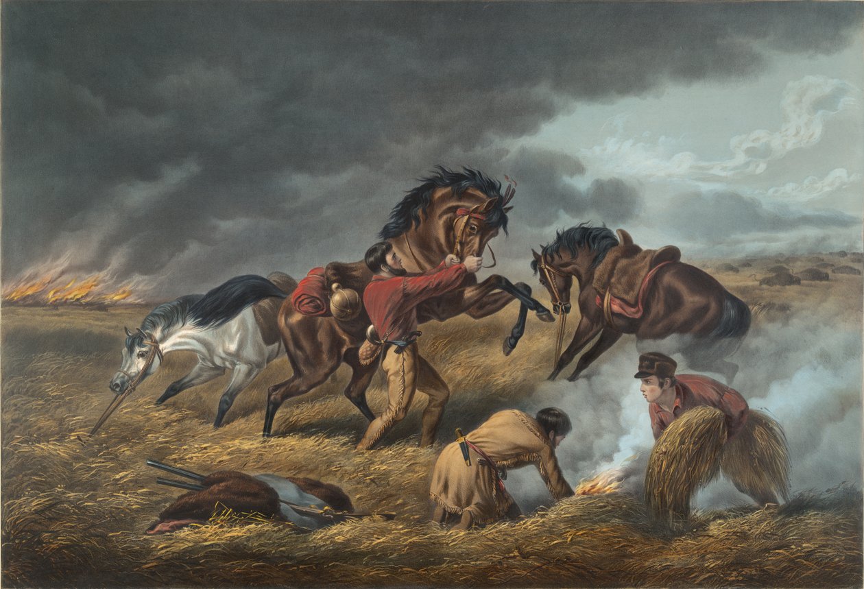 الحياة على البراري: دفاع Trappers ، "Fire fight Fire ، 1862 بواسطة N. and Ives، JM Currier