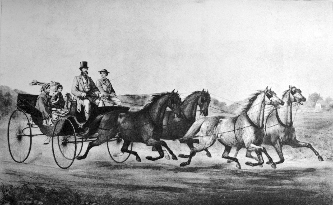 Currier & Ives Illustration القرن التاسع عشر. MINER ، STEVENS & CO ، عربات الدرجة الأولى وعربة خفيفة بواسطة N. and Ives، JM Currier