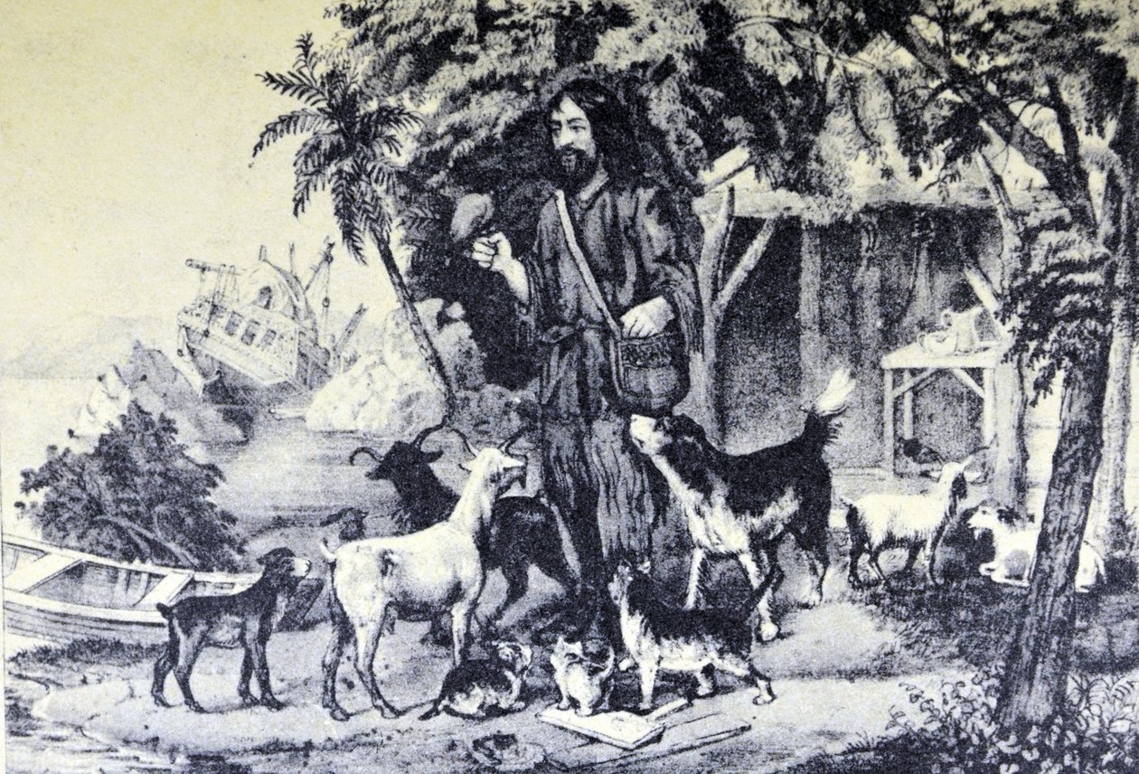 Currier & Ives Illustration القرن التاسع عشر. روبنسون كروزو وحيواناته الأليفة بواسطة N. and Ives، JM Currier