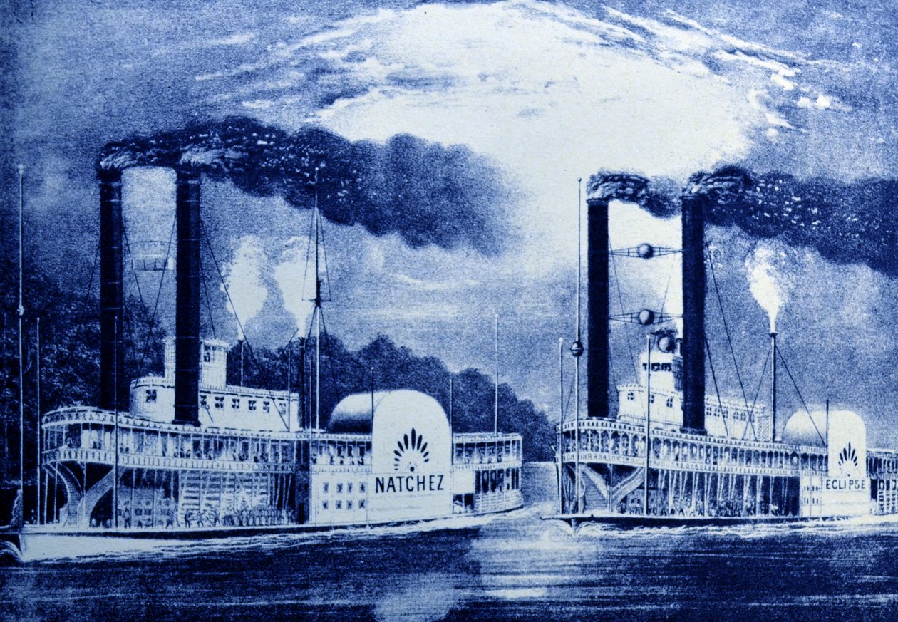 Currier & Ives Illustration القرن التاسع عشر. سباق القوارب البخارية على الميسيسيبي ، القانون الرابع ، المشهد الثالث ، إحياء جاريت وبالمرز لكابينة توم توم بواسطة N. and Ives، JM Currier