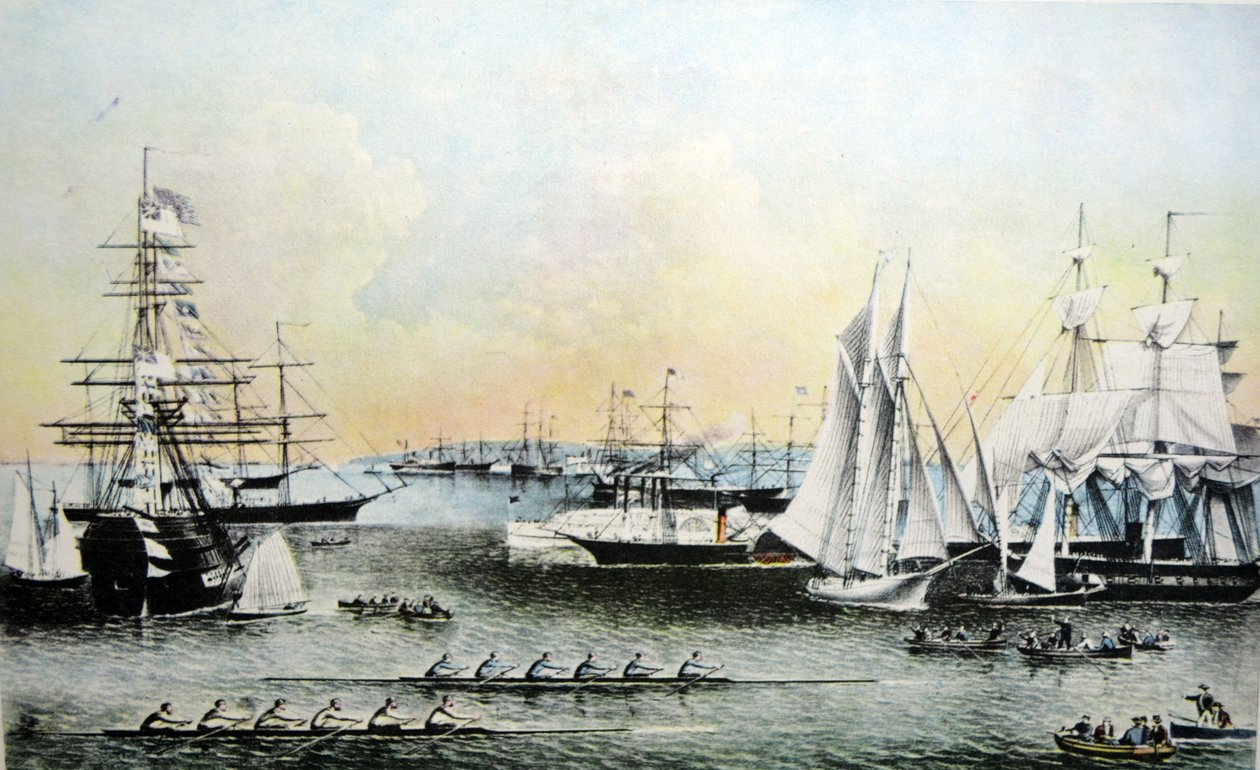 Currier & Ives Illustration القرن التاسع عشر. مشاهد الصيف للسفن في ميناء نيويورك بواسطة N. and Ives، JM Currier