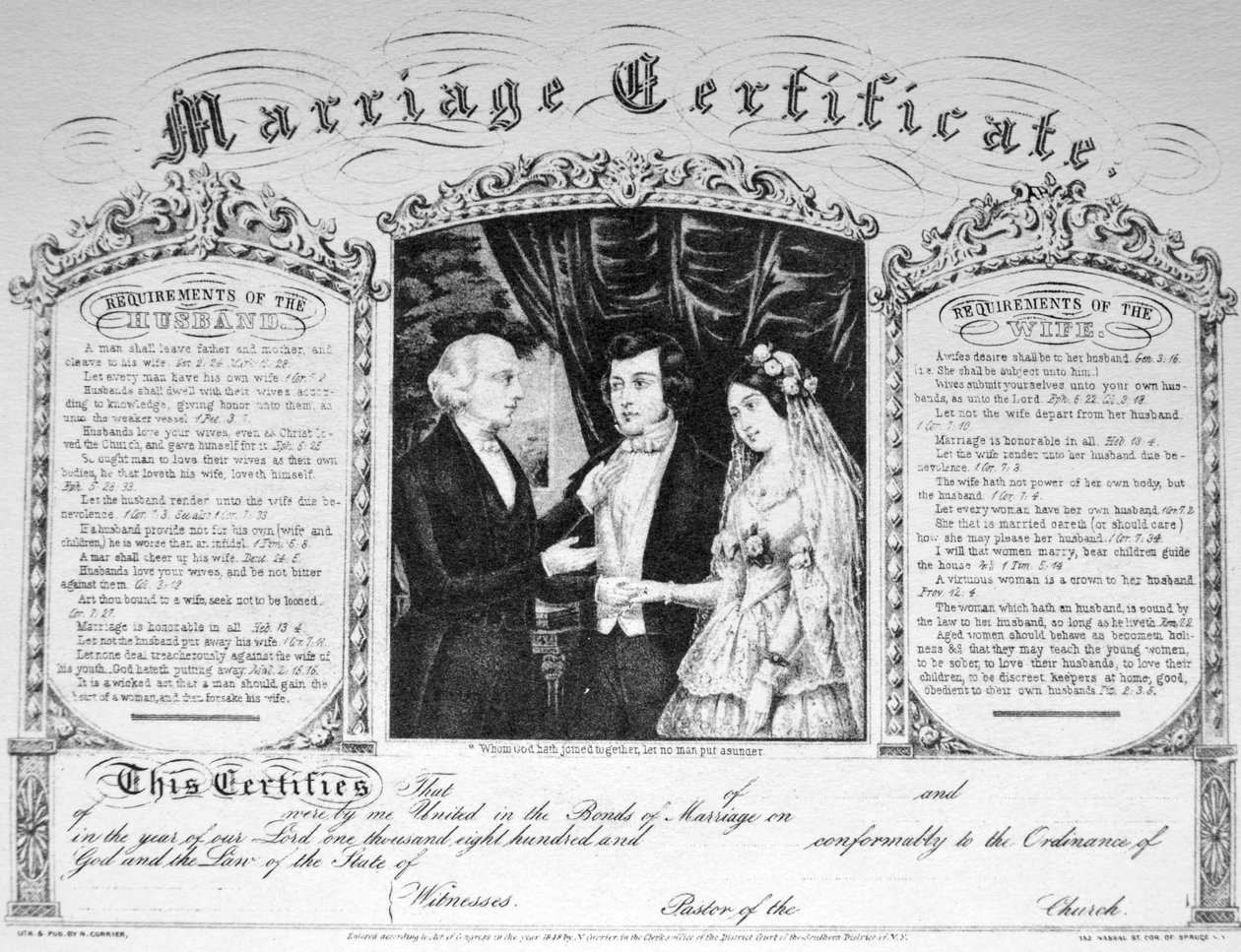 Currier & Ives Illustration القرن التاسع عشر. شهادة الزواج بواسطة N. and Ives، JM Currier