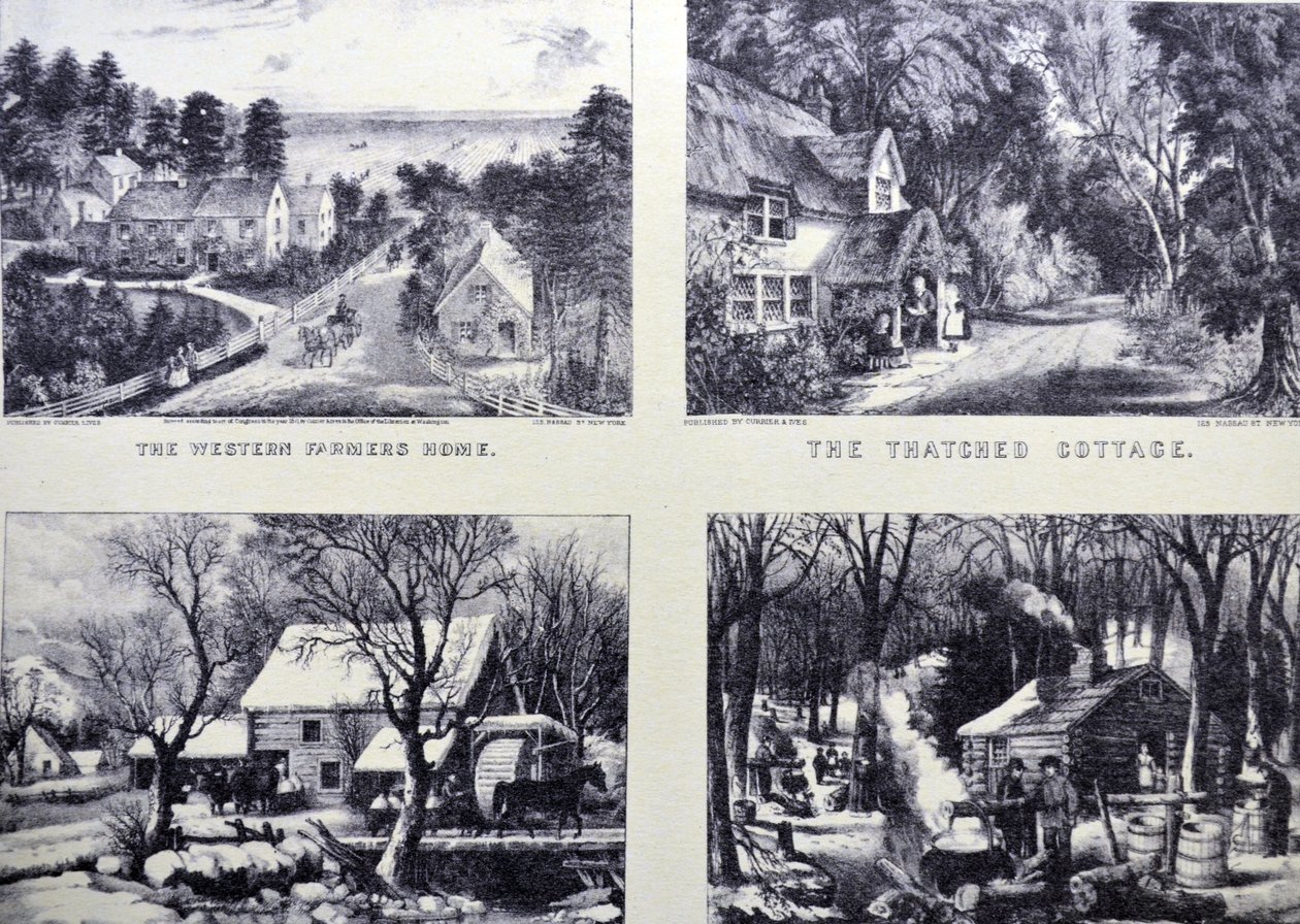 Currier & Ives Illustration القرن التاسع عشر. بيت المزارعين الغربيين ؛ الكوخ مسقوف بالقش؛ المجمدة سكر القيقب ، أوائل الربيع في الغابة الشمالية بواسطة N. and Ives، JM Currier