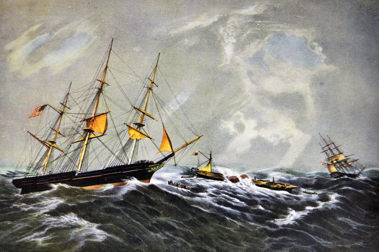 Currier & Ives Illustration القرن التاسع عشر. حطام السفينة البخارية سان فرانسيسكو بواسطة N. and Ives، JM Currier