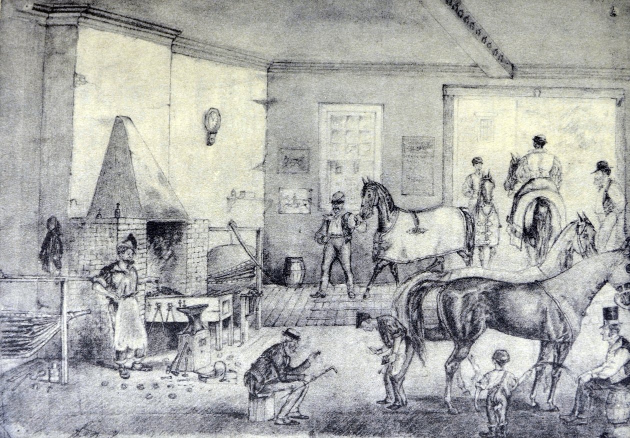 Currier & Ives Illustration القرن التاسع عشر. تشققات الهرولة في Forge (الرسم الأصلي لتوماس وورث ، الذي تم إجراء الطباعة منه.) بواسطة N. and Ives، JM Currier