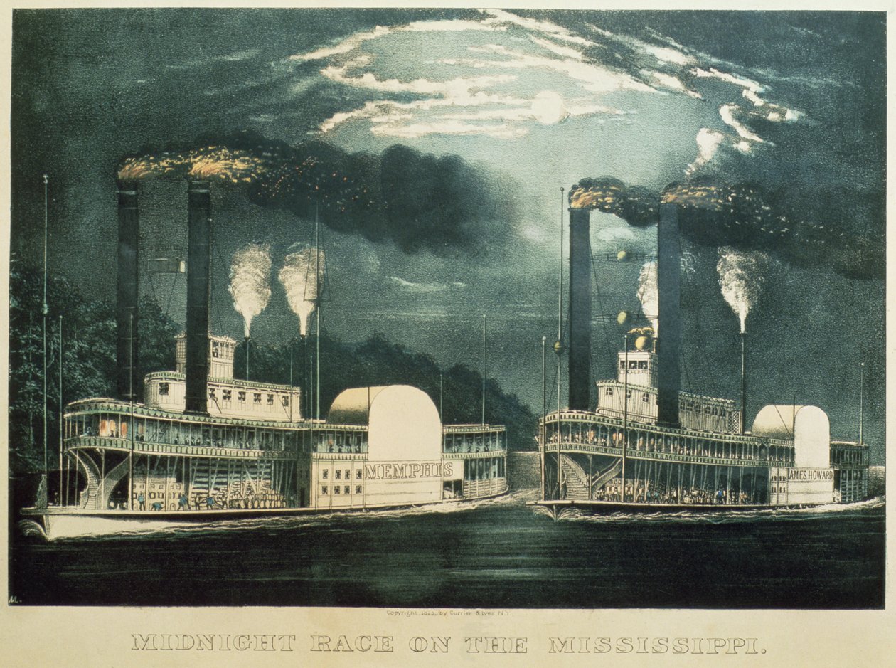 سباق منتصف الليل على المسيسيبي ، 1875 بواسطة N. and Ives، JM Currier