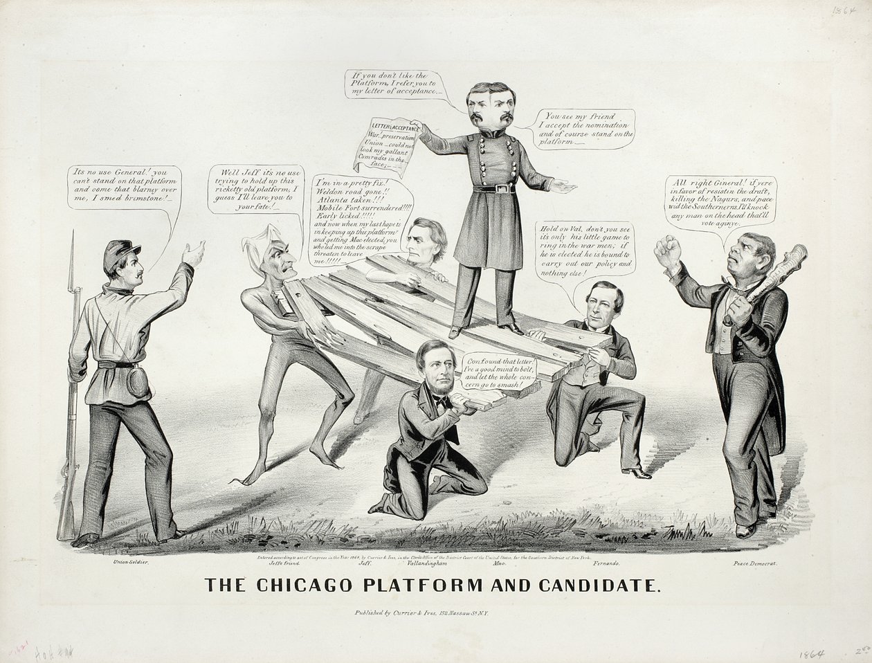 منصة شيكاغو والمرشح ، 1864 بواسطة N. and Ives، JM Currier