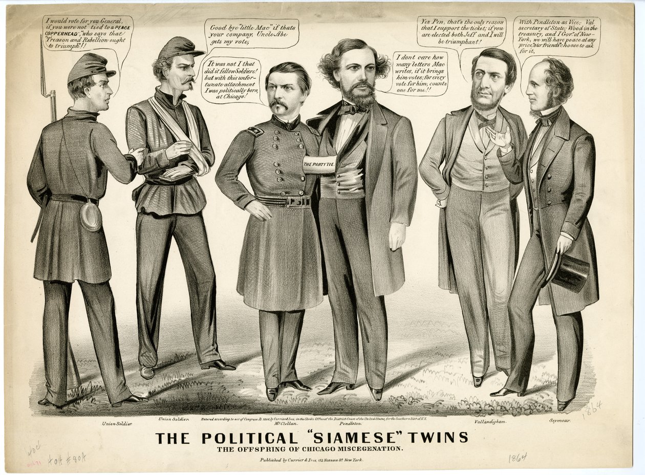 التوائم السيامية السياسية ، نسل شيكاغو miscegenation ، 1864 بواسطة N. and Ives، JM Currier