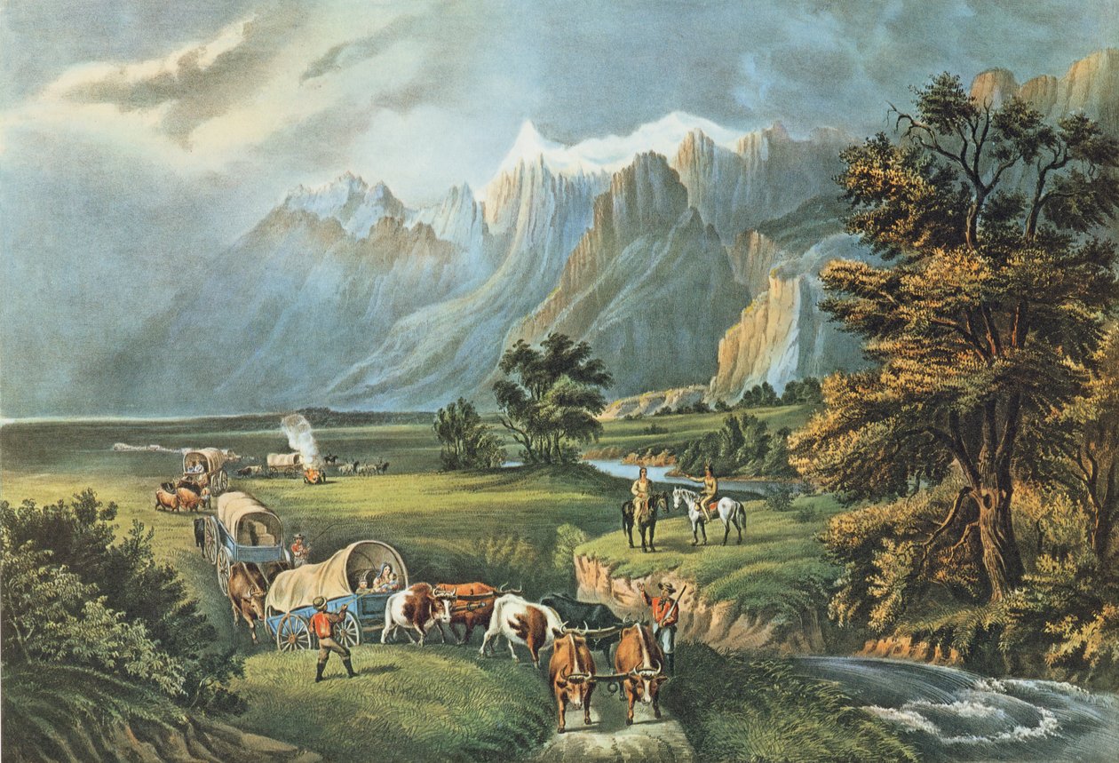جبال روكي: المهاجرون يعبرون السهول ، 1866 بواسطة N. and Ives، JM Currier