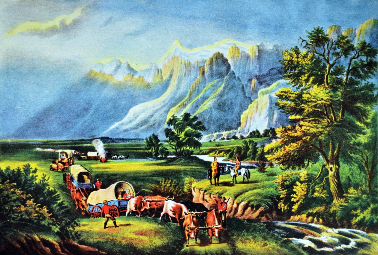 جبال روكي ، المهاجرون يعبرون السهول بواسطة N. and Ives، JM Currier