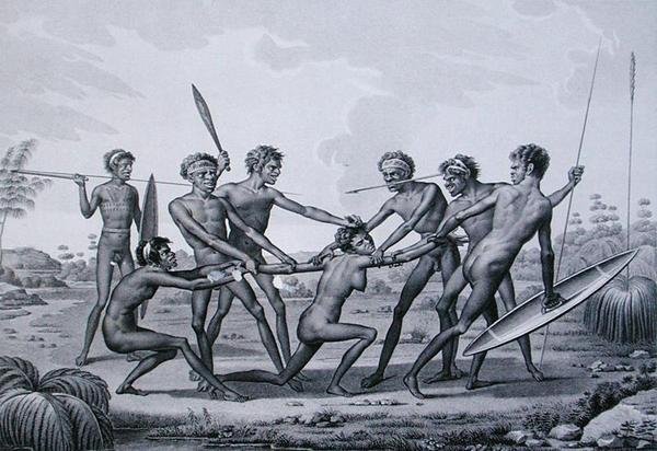 بورت جاكسون ، نيو هولاند: حفل ما قبل الزواج من السكان الأصليين ، من 'Voyage Autour du Monde sur les Corvettes de L'Uranie 1817-20' محفور بواسطة Lerouge and Forget ، نُشر عام 1825 (نقش) بواسطة ن (بعد) بيتي