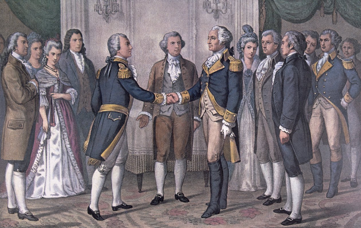 The First Meeting of General George Washington (1732-99) and the Marquis de La Fayette (1757-1834) Philadelphia, 3 August 1777, published in 1876 (colour litho) بواسطة N. و Ives JM (بعد) Currier