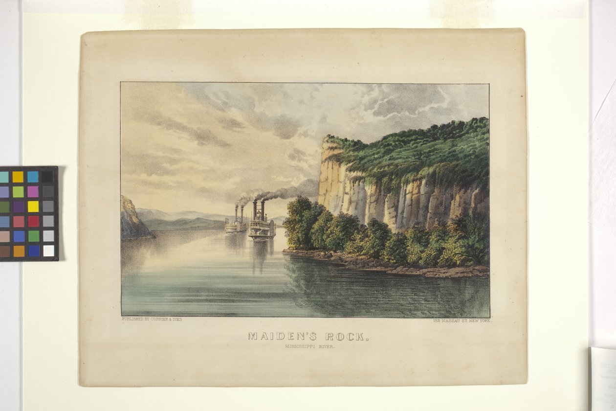 صخرة العذراء - نهر المسيسيبي (طباعة حجرية ملونة باليد) بواسطة N. and Ives JM (1824 95) Currier