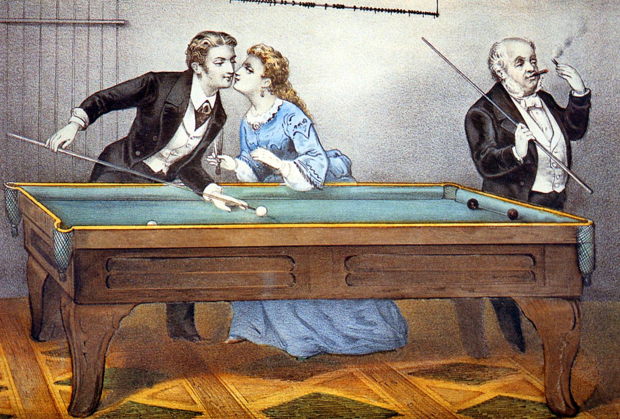 قبلة أثناء لعبة البلياردو بواسطة N. and Ives JM (1824 95) Currier