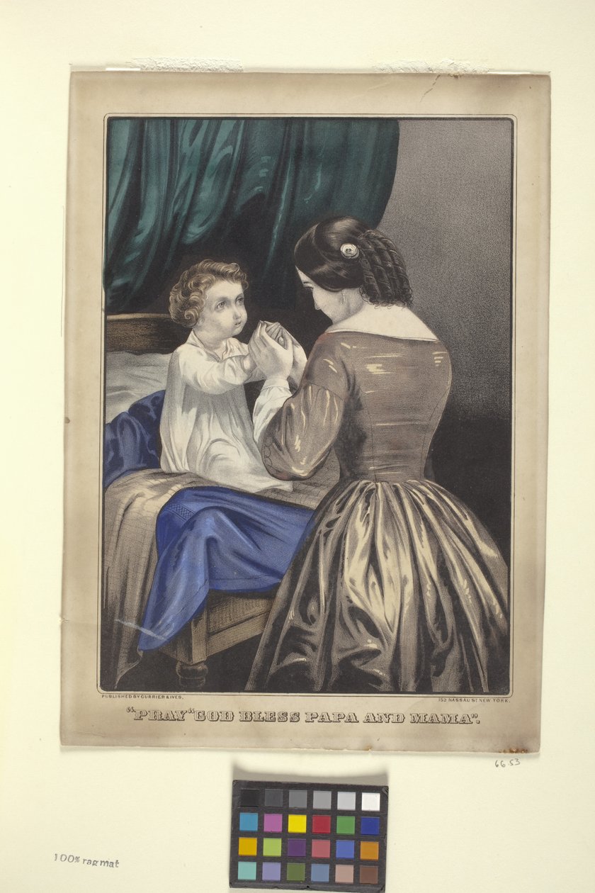 "صلوا" ليبارك الله بابا وماما "(مطبوعة حجرية ملونة يدويًا) بواسطة N. and Ives JM (1824 95) Currier