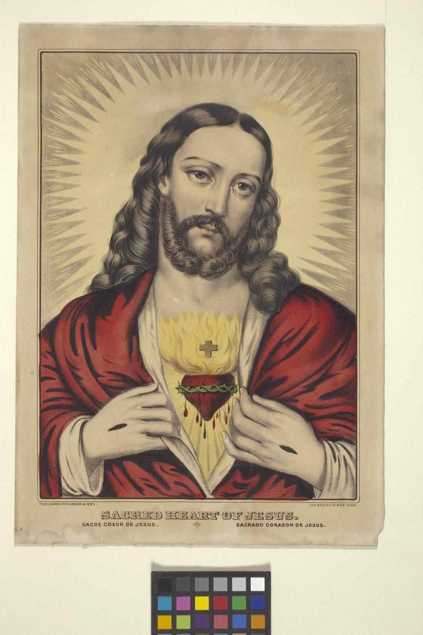 قلب يسوع الأقدس (طباعة حجرية ملونة باليد) بواسطة N. and Ives JM (1824 95) Currier
