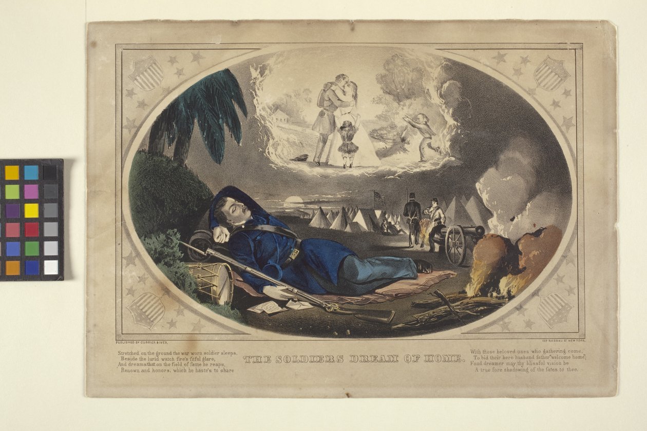 حلم الجندي بالمنزل (طباعة حجرية ملونة يدوياً) بواسطة N. and Ives JM (1824 95) Currier