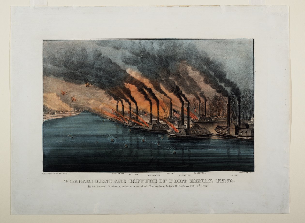 القصف والاستيلاء على فورت هنري ، تين ، c.1862 بواسطة N. and Ives، JM Currier