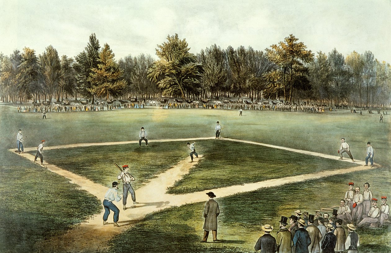 اللعبة الوطنية الأمريكية للبيسبول - المباراة الكبرى في Elysian Fields ، Hoboken ، NJ ، 1866 (انظر 32902) بواسطة N. and Ives، JM Currier