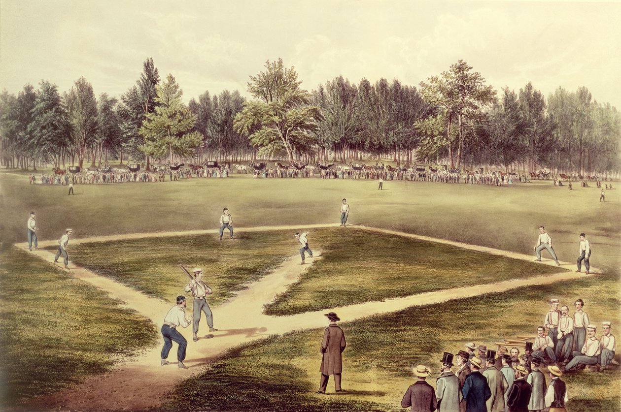 اللعبة الوطنية الأمريكية للبيسبول - المباراة الكبرى في Elysian Fields ، Hoboken ، NJ ، 1866 (انظر أيضًا 159490) بواسطة N. and Ives، JM Currier