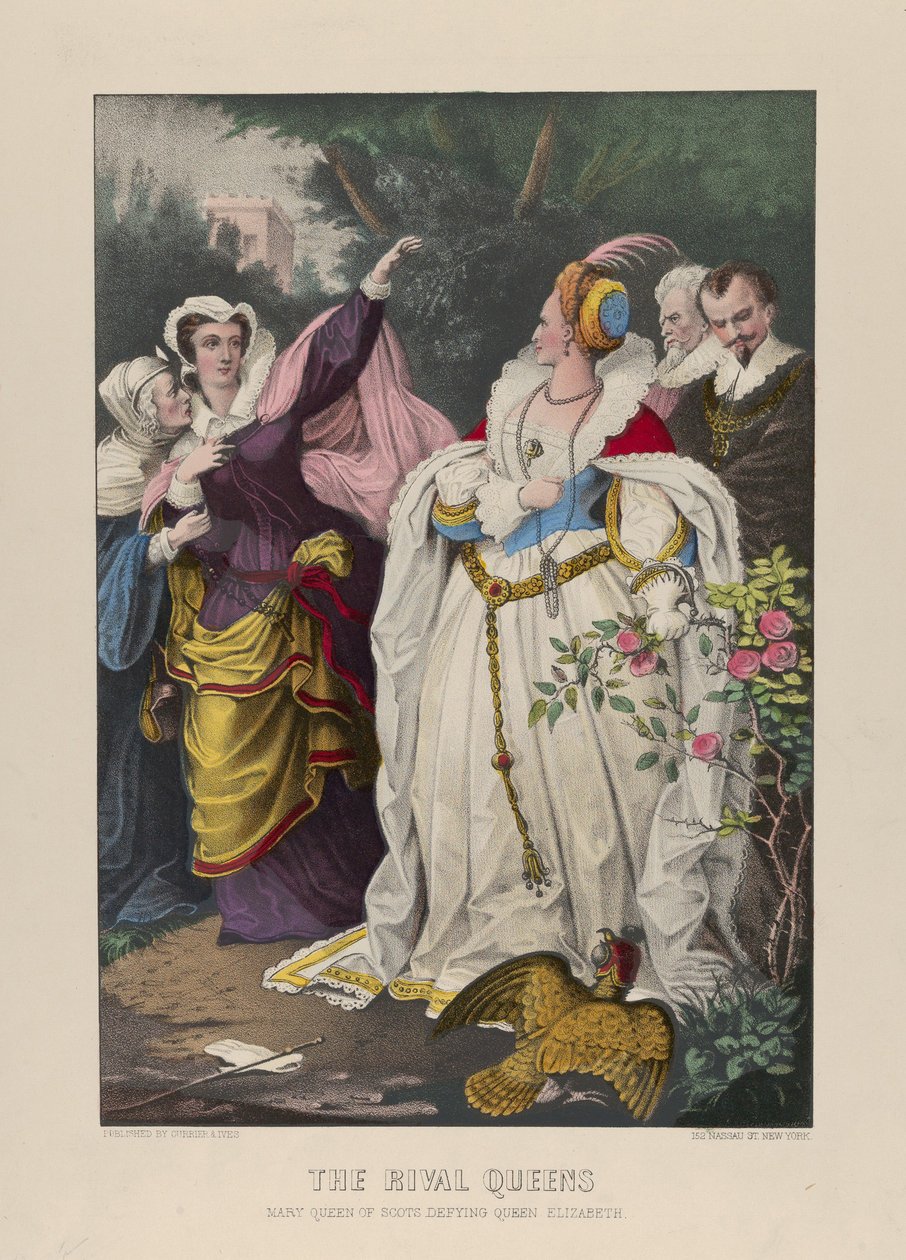 The Rival Queens ، Mary Queen of Scots التي تتحدى الملكة إليزابيث ، 1857-72 (طباعة حجرية ملونة) بواسطة N. and Ives، JM Currier