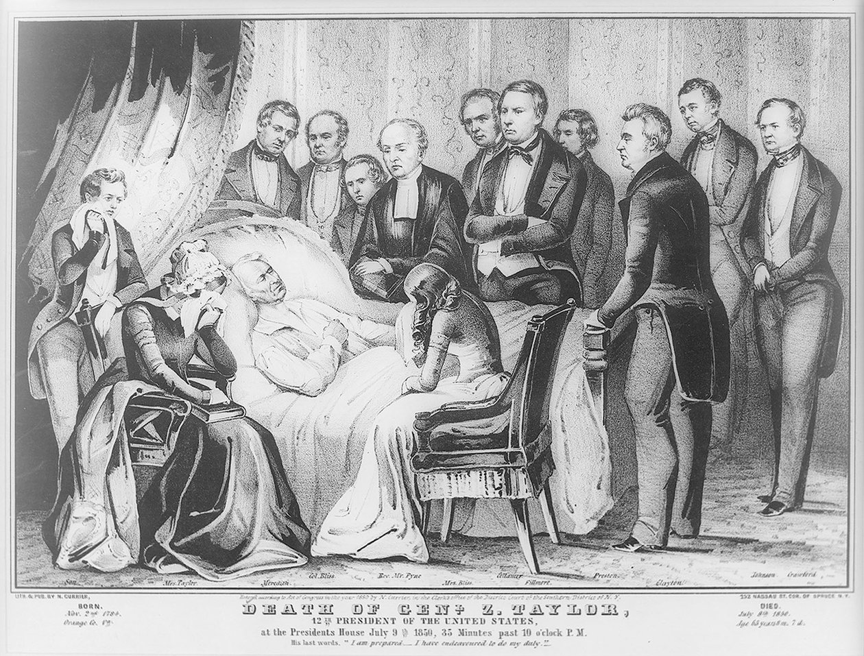 زكاري تايلور على فراش الموت في البيت الأبيض ، 1850 بواسطة N. and Ives، JM Currier