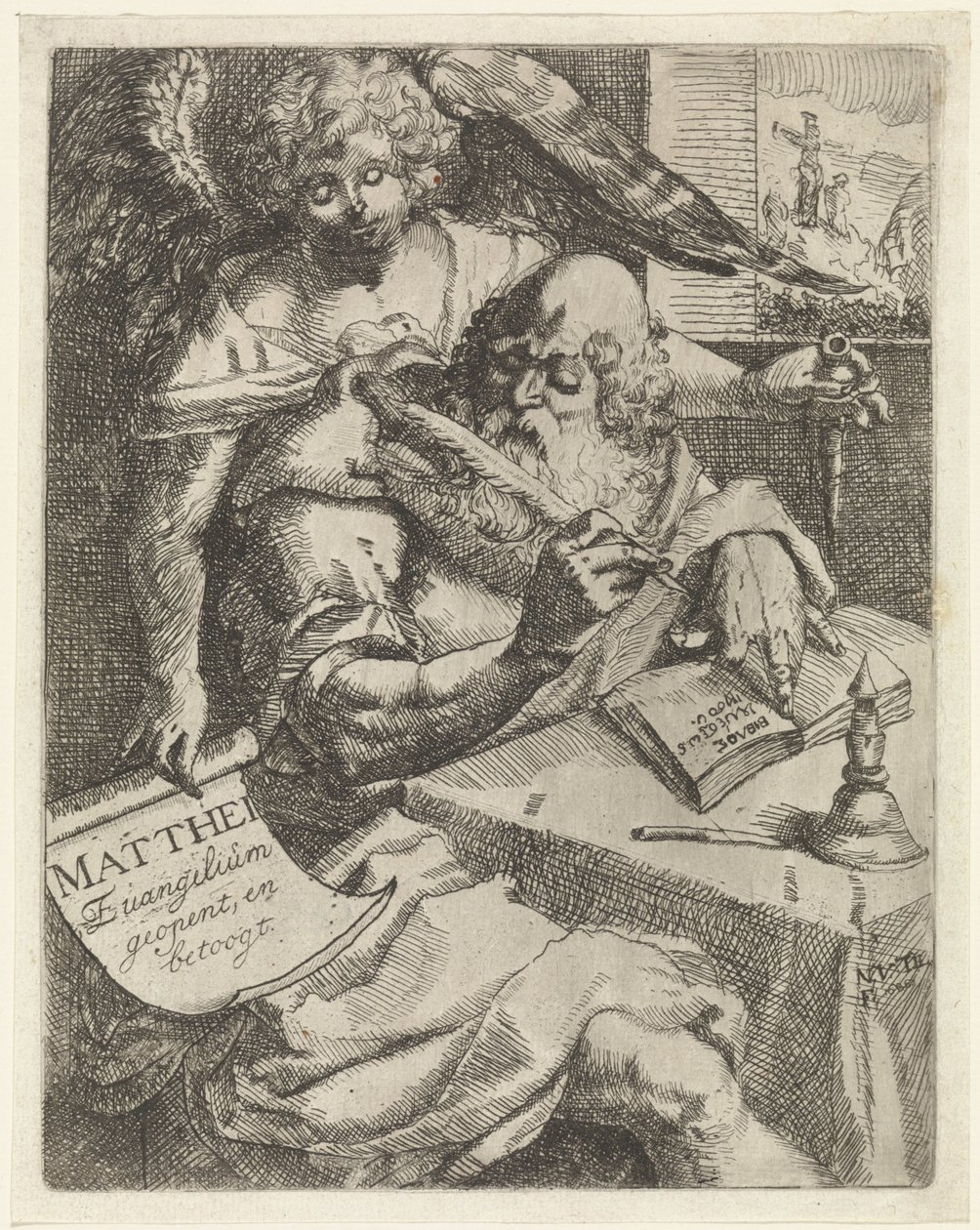 ماثيو الإنجيلي يفتح Matthei Evangelium ويجادل (العنوان على الكائن) صفحة العنوان لـ: S. van Til ، Het euangelium des H. apostles Matthæi (...) افتتحت بملاحظات موجزة ، 1687 بواسطة ن. فان تيل