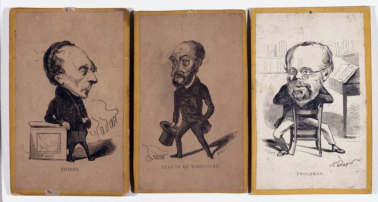 3 Portraits-charge (رسوم شخصية): فرانسوا بيير غيوم جيزو (1787-1874) ، مؤرخ وسياسي فرنسي ، تشارلز جان بابتيست (جان بابتيست) جاكوت ديت يوجين دي ميركور (1812-1880) ، صحفي وكاتب فرنسي ، وبيير - جوزيف برودون بواسطة نادار