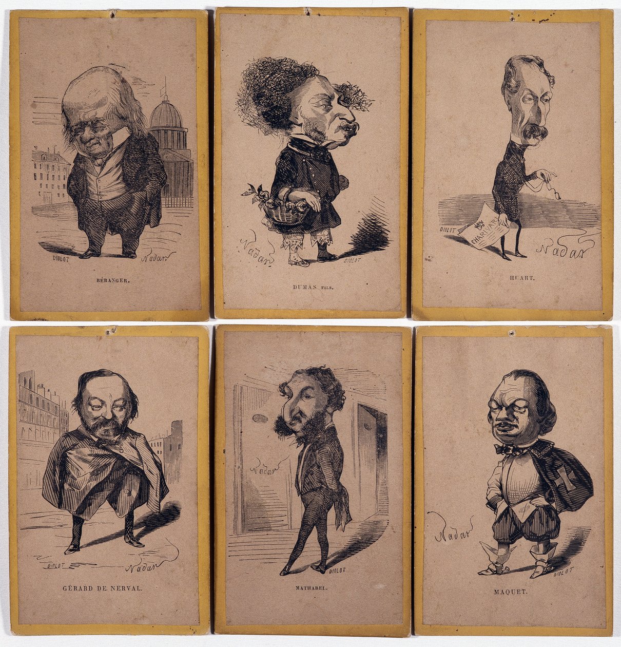 6 صور المسؤول: بيير جان دي بيرانجر (1780-1857) مؤلف الأغاني الفرنسي ، ألكسندر دوماس فيلس (1824-1895) ، لويس أدريان هوارت (1813-1865) صحفي فرنسي ، كاتب ومخرج مسرحي ، جيرارد دي نيرفال (1808-1855) ، الكاتب الفرنسي تشارلز ماتاريل دي فاي بواسطة نادار