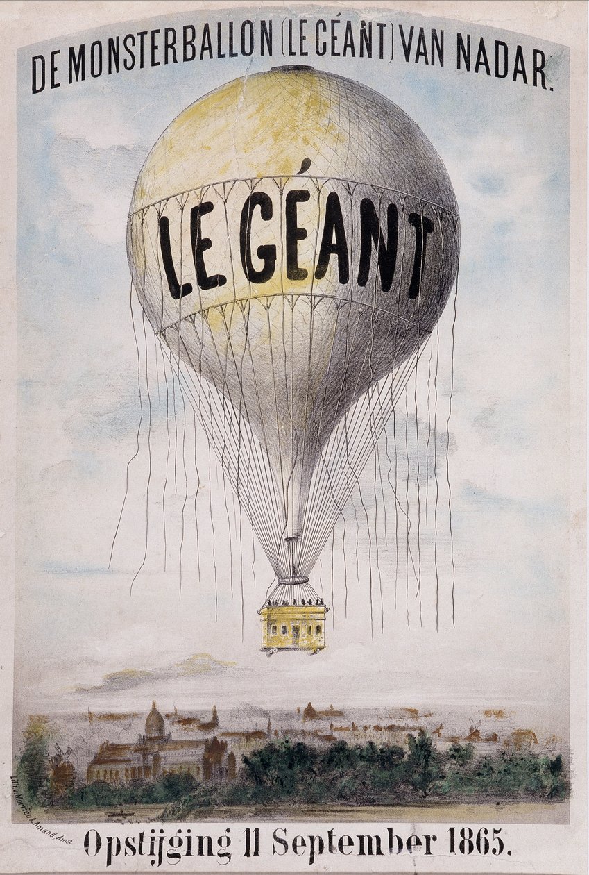 De Monsterballon (Le Giant) van Nadar Opstijging 11 سبتمبر 1865. إعلان هولندي عن تفكيك الكرة "العملاق" في 11 سبتمبر بواسطة نادار