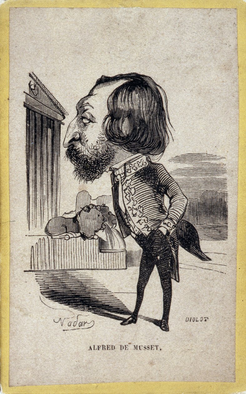 بورتريه شحنة لألفريد دي موسيه (1810-1857) ، شاعر وكاتب مسرحي فرنسي. رسم كاريكاتوري لغاسبار فيليكس تورناشون مع فيليكس نادار (1820-1910). بواسطة نادار
