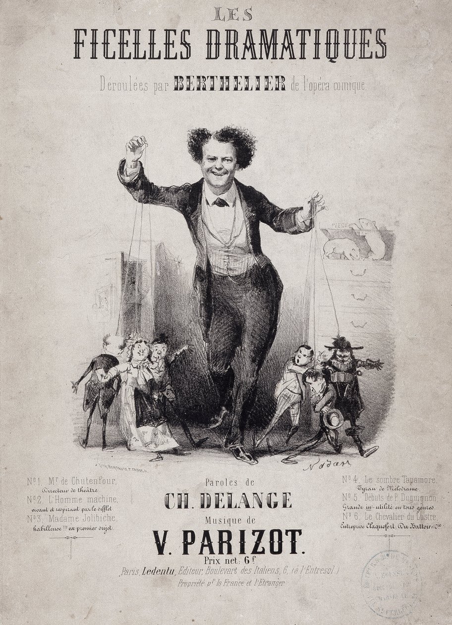 صورة جان بيرتيلير (1830-1888) ممسكًا بأبناء الدمى. ألبوم "Les Ficelles Dramatiques deroulees by Berthelier of the Comic Opera" بواسطة نادار