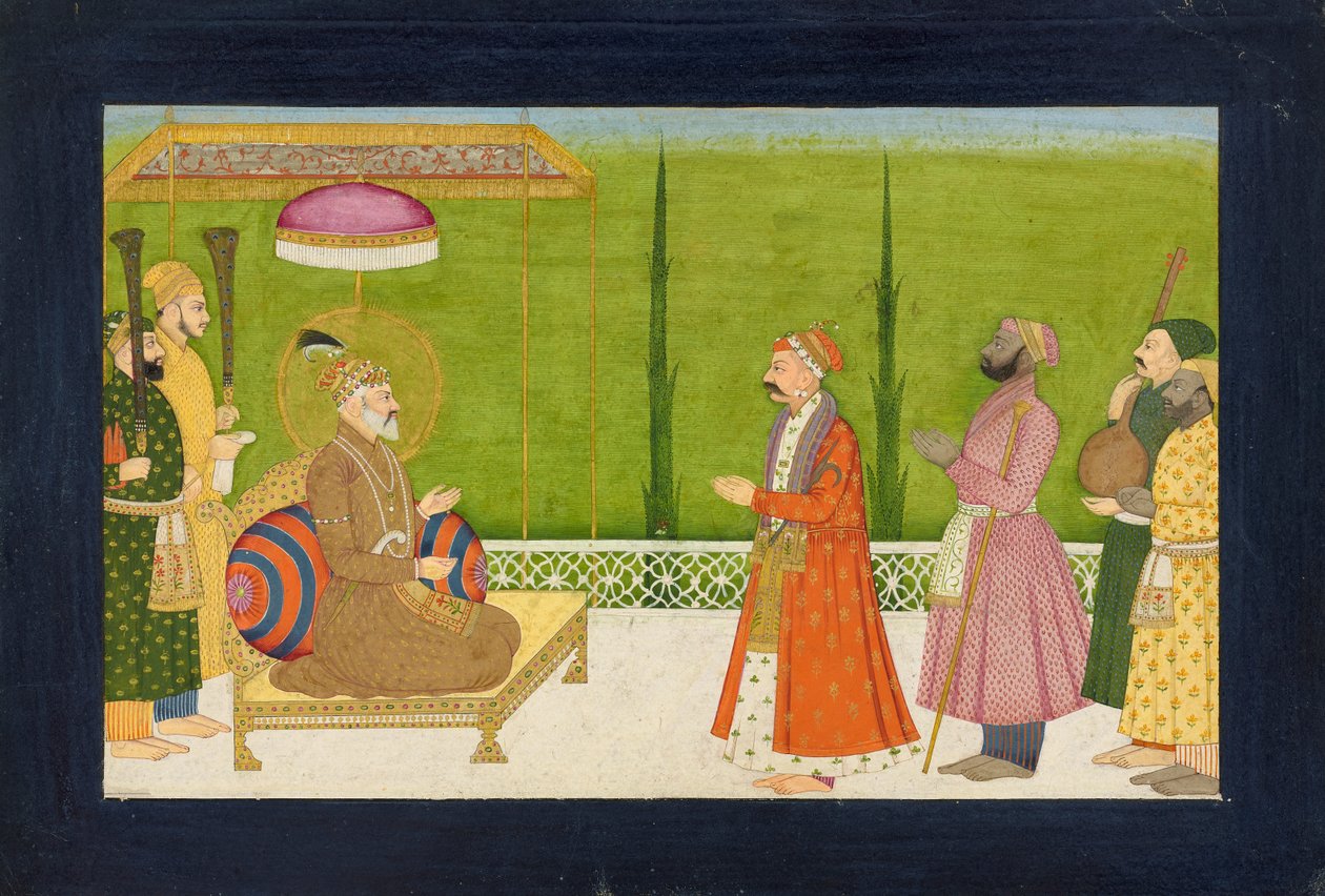 الشاعر سوندار داس أمام الإمبراطور شاه جهان ، ورقة من Sundar Shringar ، كاليفورنيا. 1750-1760. بواسطة ناينسوك
