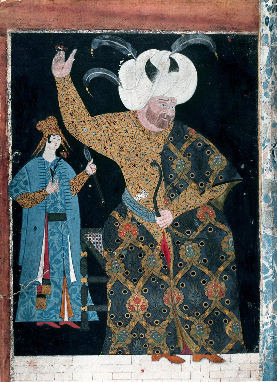 الإمبراطورية العثمانية: "" صورة السلطان سليم الثاني الملقب بالسكر أو ساري الأشقر (1524-1574) "لوحة مائية منسوبة إلى ريس حيدر نقيب ديت نيجاري (1494-1572) (TKS 2134 ، الصحيفة 3 ب) اسطنبول ، توبكابي سراي بواسطة نقب دعا نيجاري ريس حيدر